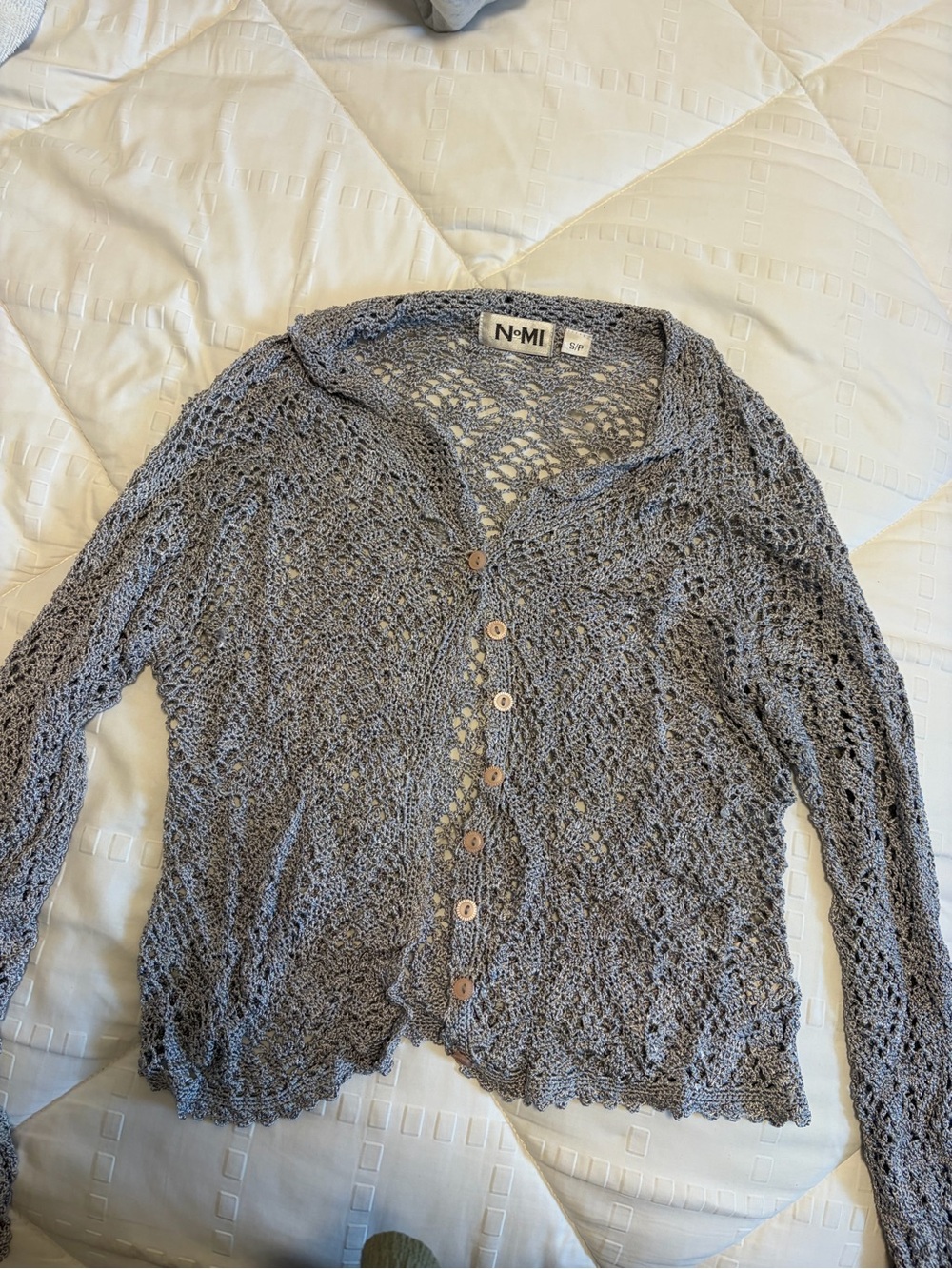 nomi Light Gray Crochet Button-Front Cardigan